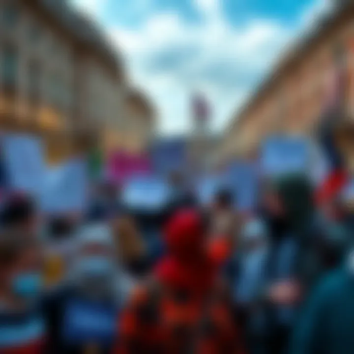 A group of citizens gathered in a city square holding signs expressing their political views and concerns about the current situation in the U.S.
