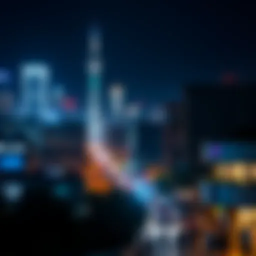 A vibrant city skyline illuminated by night lights with bustling streets filled with people enjoying nightlife.