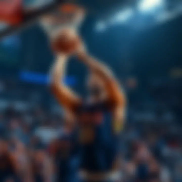 CJ focuses on the basket as he prepares to take a crucial shot in the game, surrounded by teammates and opponents, with the crowd cheering in anticipation.