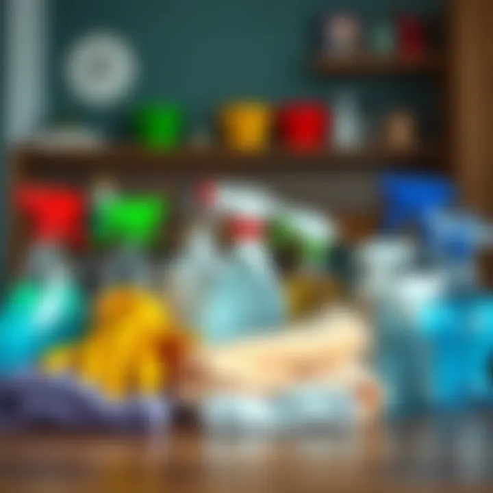 A variety of cleaning supplies arranged neatly on a table, including spray bottles, cloths, and gloves, showcasing the importance of cleanliness in daily life.