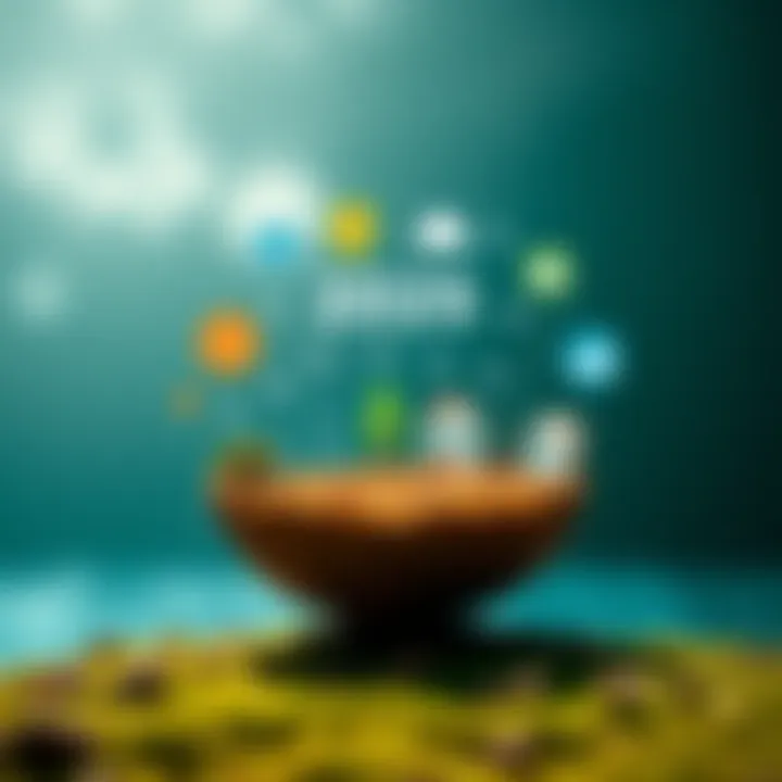 A graphic showing effects of climate change on society, economy, and environment in 2025 with icons representing challenges and solutions.