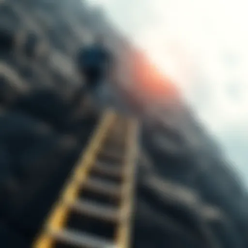 A person climbing a steep career ladder, representing professional growth and challenges.