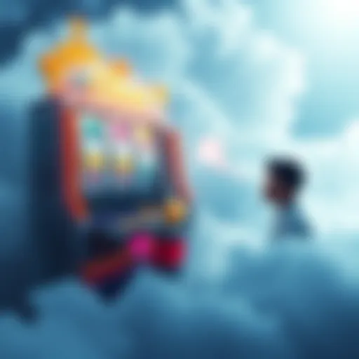 A graphic representation of a slot machine featuring cloud-themed symbols, with a player looking confused beside it, highlighting concerns about winning frequency.