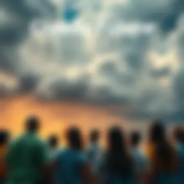 A group of people looking toward a cloudy sky, expressing curiosity and concern about what lies ahead.