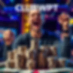 A player celebrating a winning moment at ClubWPT Gold, showing a big stack of poker chips and cash in front of them.