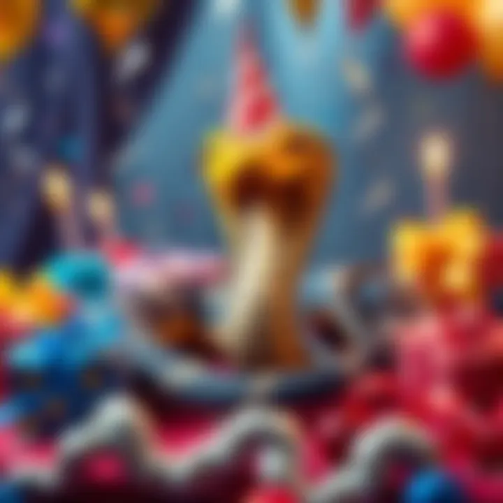 A playful cobra surrounded by party decorations and gifts, inviting people to join the fun.