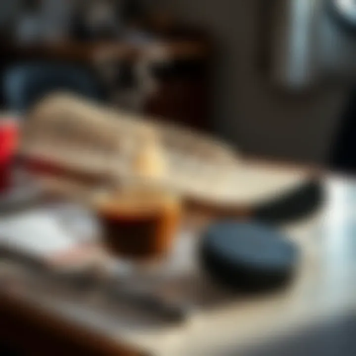 Coffee and Hockey Gear A steaming cup of coffee next to a hockey stick and puck on a table, symbolizing a productive morning routine.