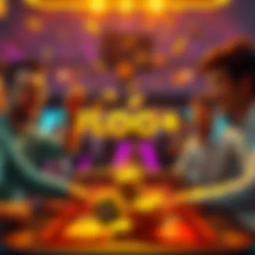 A vibrant graphic showing players excitedly flipping a coin in a game, with bright colors representing the thrill and competition of the Stake Coin Flip.