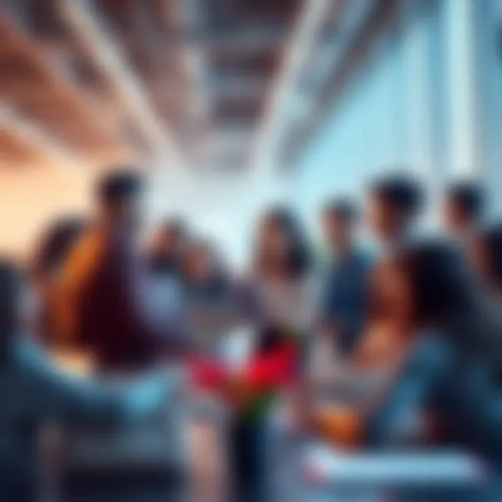 A diverse group of people working together, sharing ideas, and building connections in a bright office space