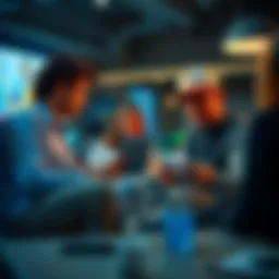 A group of people sharing ideas for unwanted content with notes and a digital device