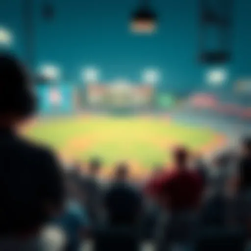 A college baseball game setting with players, fans, and betting odds displayed on a digital screen