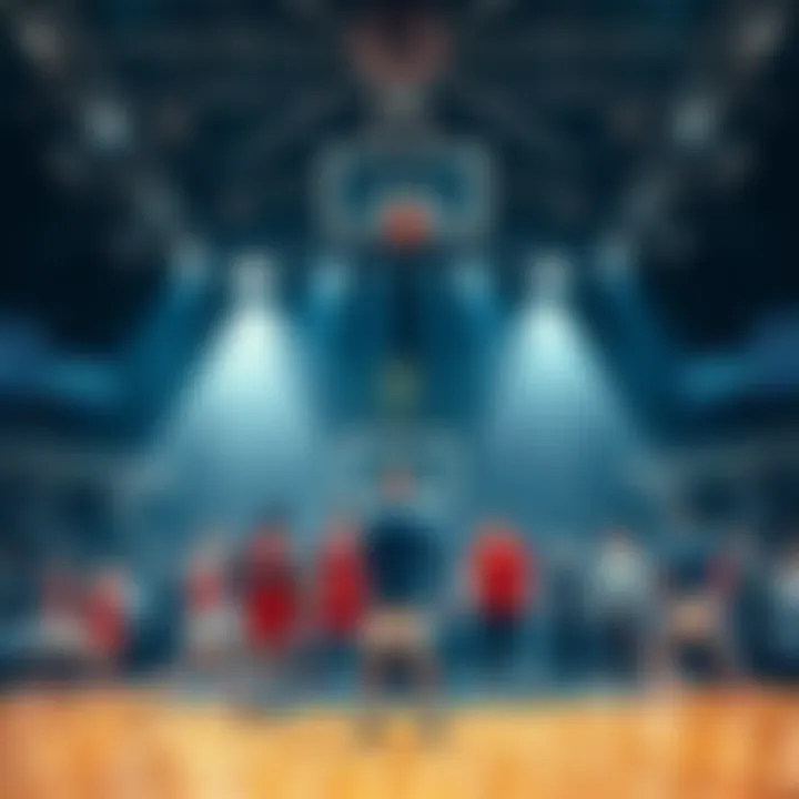 Players practicing on a basketball court, surrounded by coaches and fans, getting ready for the big tournament