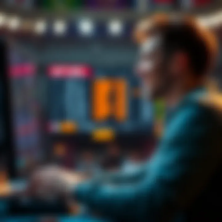 College Sports Betting A person placing a bet on college sports with odds displayed on a screen, showing excitement and anticipation.