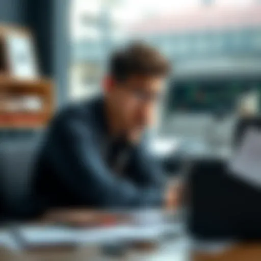 A worried college student sitting at a desk with a laptop, surrounded by betting slips and financial documents, looking stressed about potential tax issues