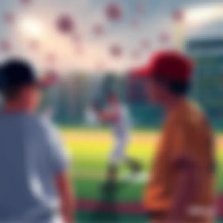 An illustration showing college baseball players on the field during a game, with betting odds displayed in the background.