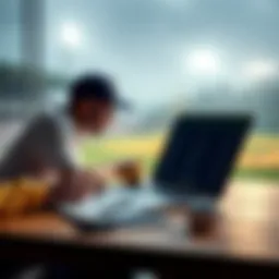 A person analyzing college baseball betting options with a laptop and notes on a table