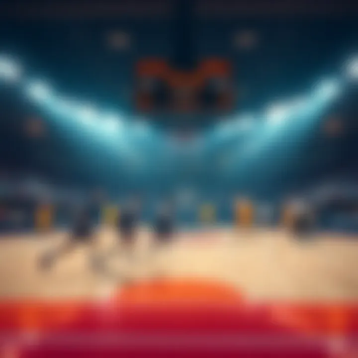 A basketball court with players in action, showcasing statistics and betting odds on a scoreboard