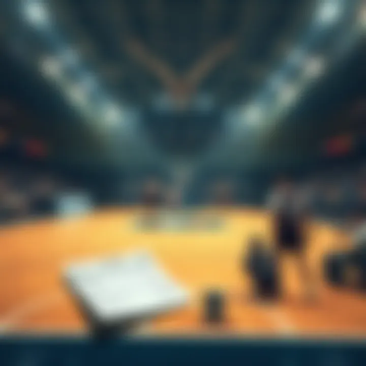 A basketball court with players in action, showcasing a betting slip on the sidelines, highlighting college basketball betting tips.