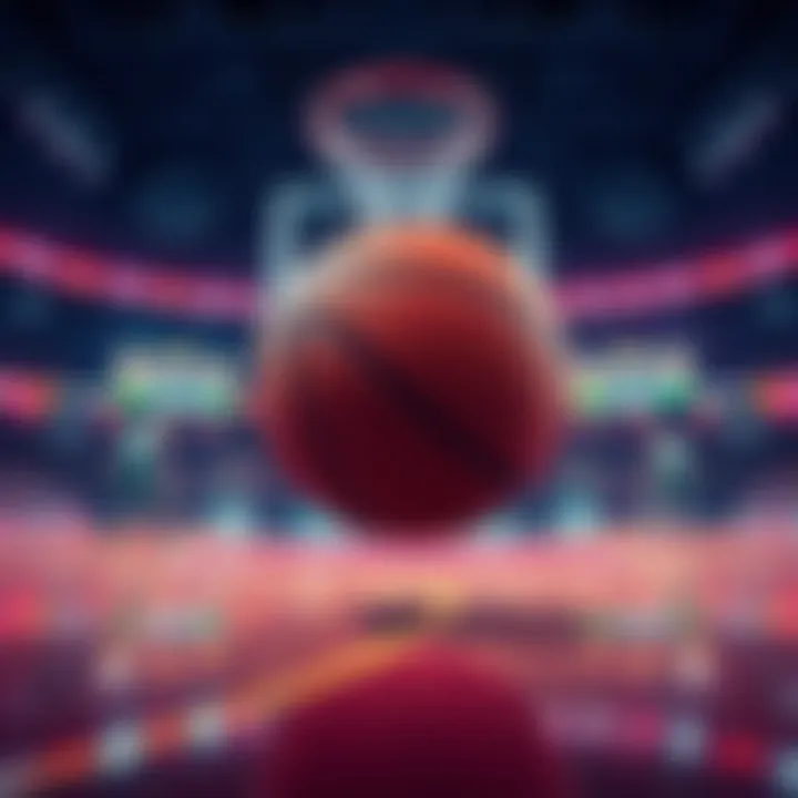 A basketball court with betting odds displayed, showcasing college basketball teams and a game in action