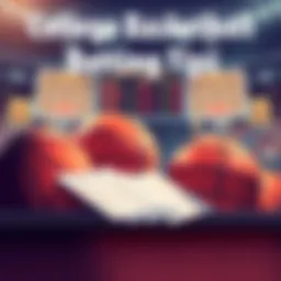 An illustration showing basketballs, betting slips, and a scoreboard representing college basketball betting tips.