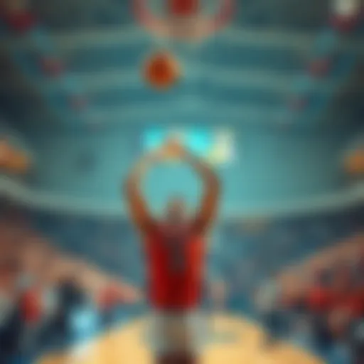 A basketball player shooting a ball in a gym filled with cheering fans, showcasing excitement for college basketball betting.