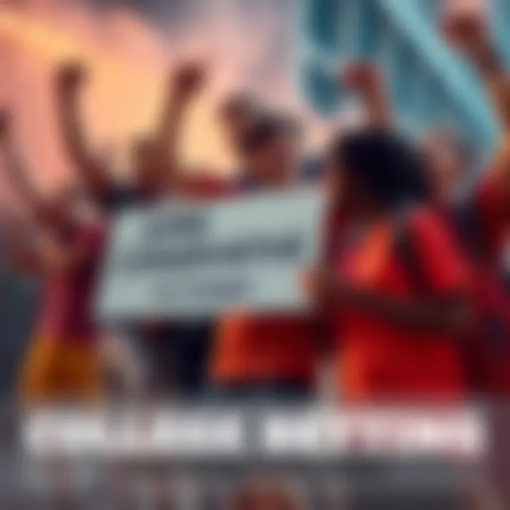 A group of students celebrating a sports victory, with one holding a sign showing a winning bet, symbolizing safe betting options in college sports.