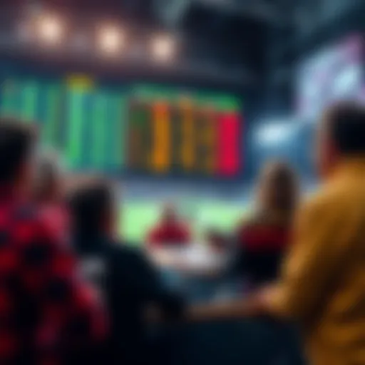 A group of fans analyzing statistics and placing bets on college football games with a scoreboard in the background