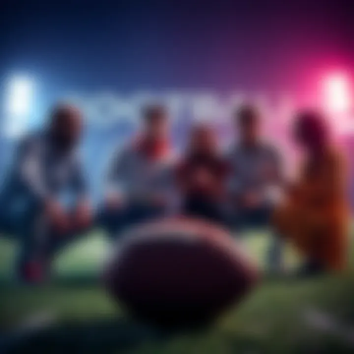 A group of people discussing strategies for betting on college football games with a football in the foreground