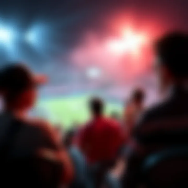 A group of fans watching a college football game and discussing betting strategies