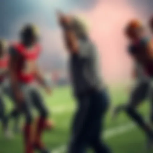 A tense college football game with players arguing and a referee making a call