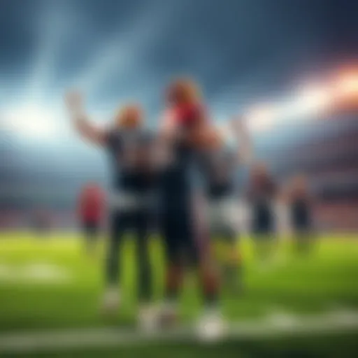 A thrilling college football game with players celebrating a touchdown in a packed stadium