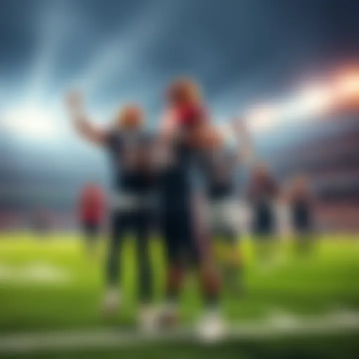 A thrilling college football game with players celebrating a touchdown in a packed stadium