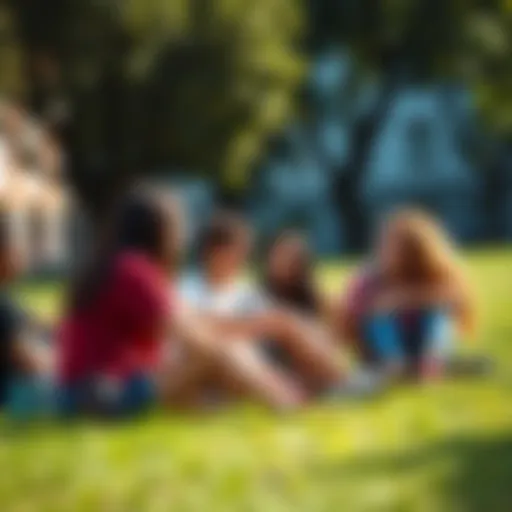 Students enjoying a sunny day on campus, sharing laughter and stories while sitting on the grass.
