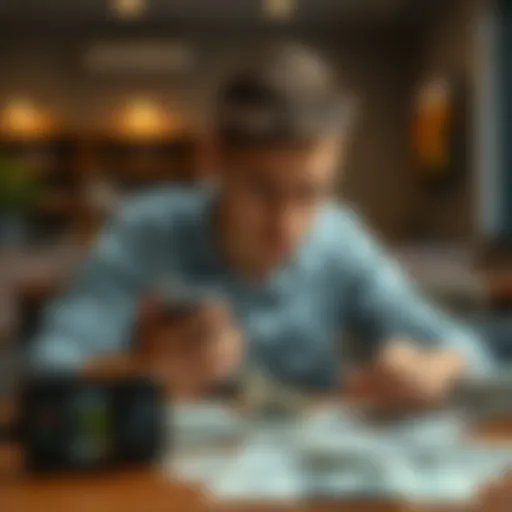 A college student sits at a table, looking worried while checking betting apps on his phone, with bills scattered around him.
