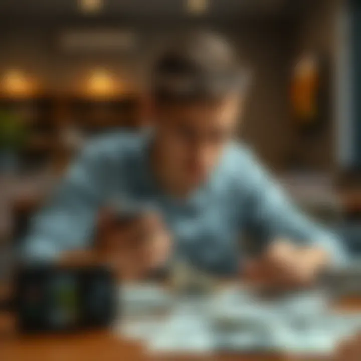 A college student sits at a table, looking worried while checking betting apps on his phone, with bills scattered around him.