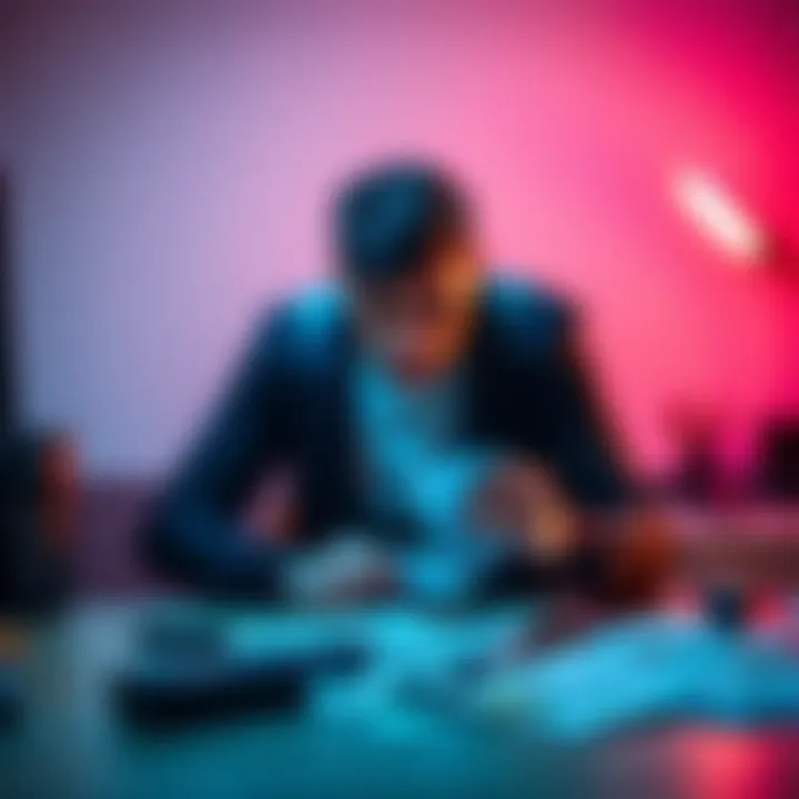 College Student Struggling with Finances A college student sitting at a desk with bills and a gaming console, looking stressed