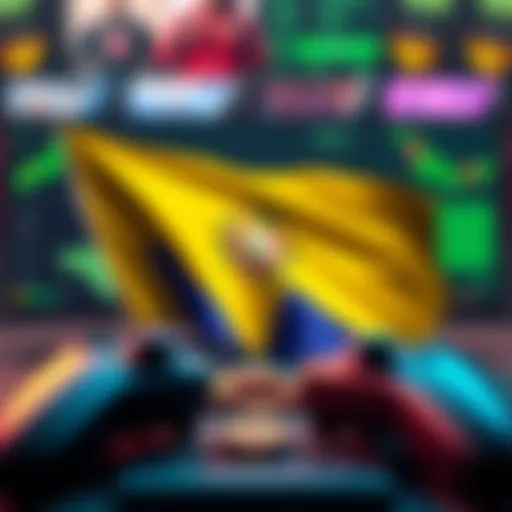 Colombian flag in gaming scene Colombian flag with gaming elements like controllers and coins