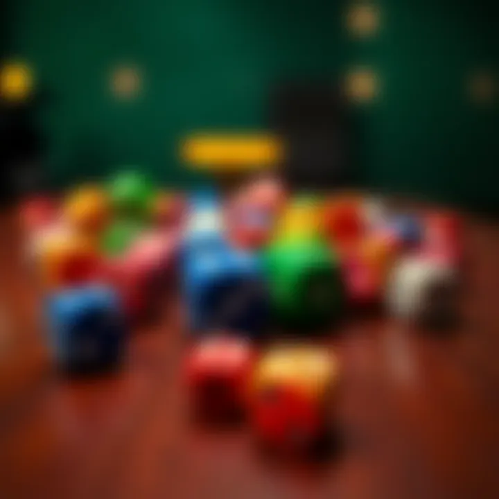 A variety of colorful dice rolling on a wooden table during a game