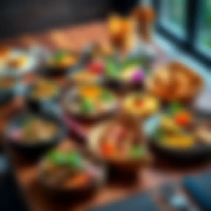 A variety of vibrant and innovative dishes displayed on a wooden table, showcasing different flavors and culinary art