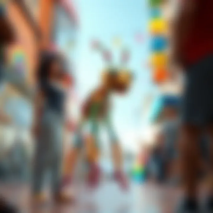 A vibrant six-legged creature playfully interacting with people in a cheerful setting