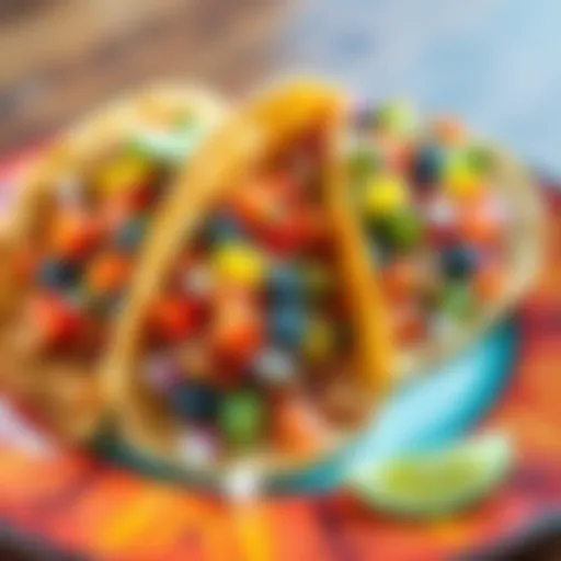 A close-up view of colorful tacos filled with fresh ingredients on a vibrant plate, showcasing various types of toppings and garnishes.