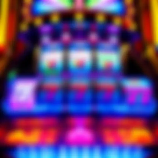A colorful casino slot machine with spinning reels and bright lights, showcasing different symbols like fruits and lucky sevens.