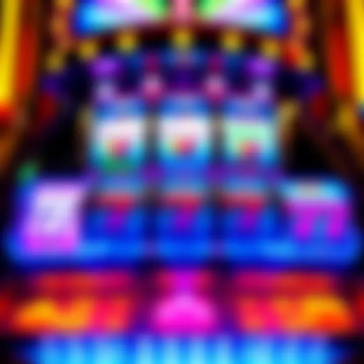 A colorful casino slot machine with spinning reels and bright lights, showcasing different symbols like fruits and lucky sevens.