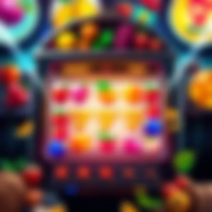 Colorful fruit slot machine A vibrant slot machine featuring colorful fruits and symbols related to harvest, displaying potential high payouts.