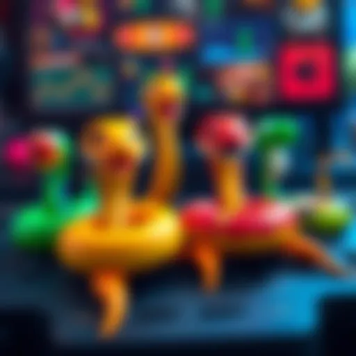 Colorful game characters similar to Snakes A variety of colorful game characters representing different snake-like games on a gaming console with controllers