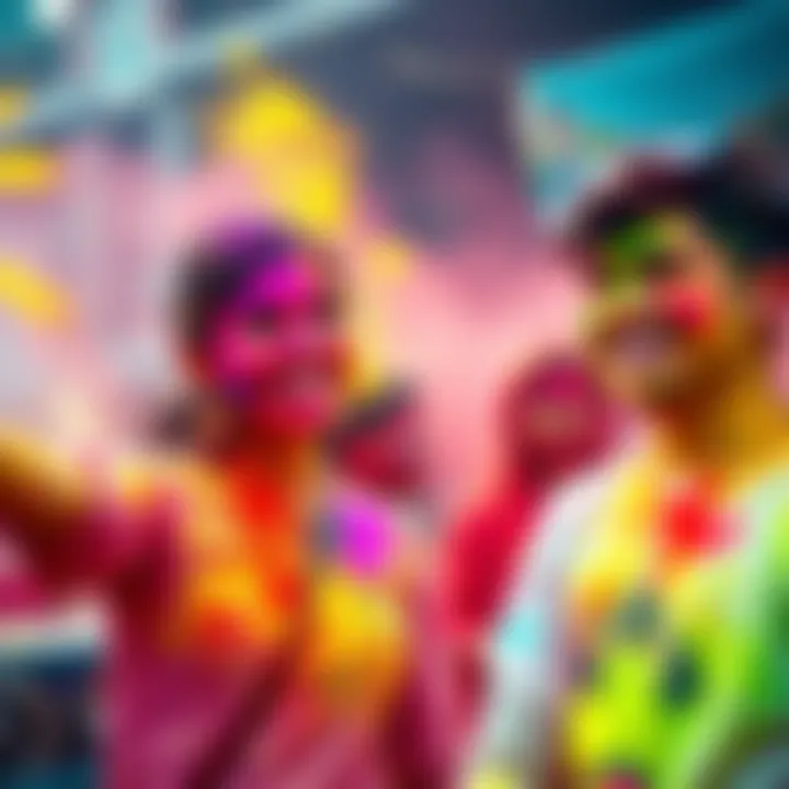 People celebrating Holi festival with vibrant colored powders and joyful expressions