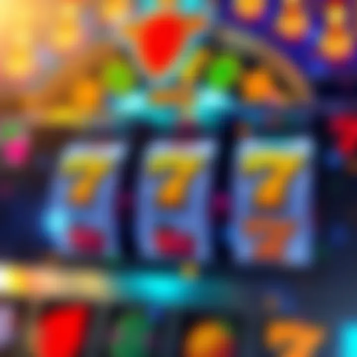 A vibrant online slot machine with spinning reels featuring various symbols like fruits and lucky sevens