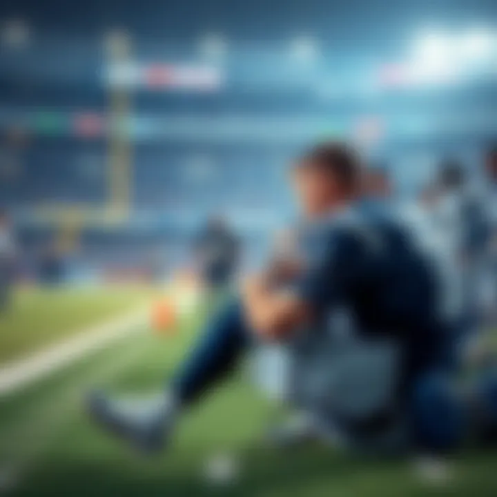 Kicker Shrader from the Colts sitting on the sidelines with a trainer checking his injury during a game