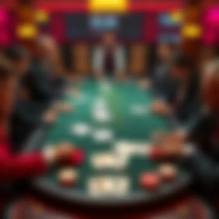 A casino table showing poker hands with players looking confused about their choices