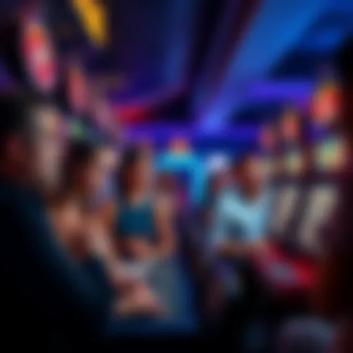 A group of people at a casino, some anxiously watching slot machines while others place bets with worried expressions, illustrating common irrational betting behaviors.